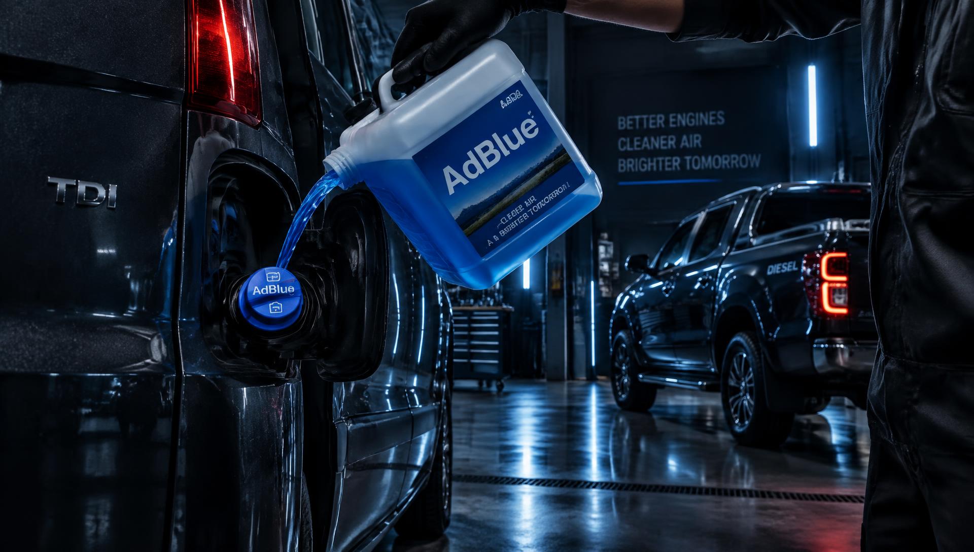 Technician topping up AdBlue on a diesel van in a workshop
